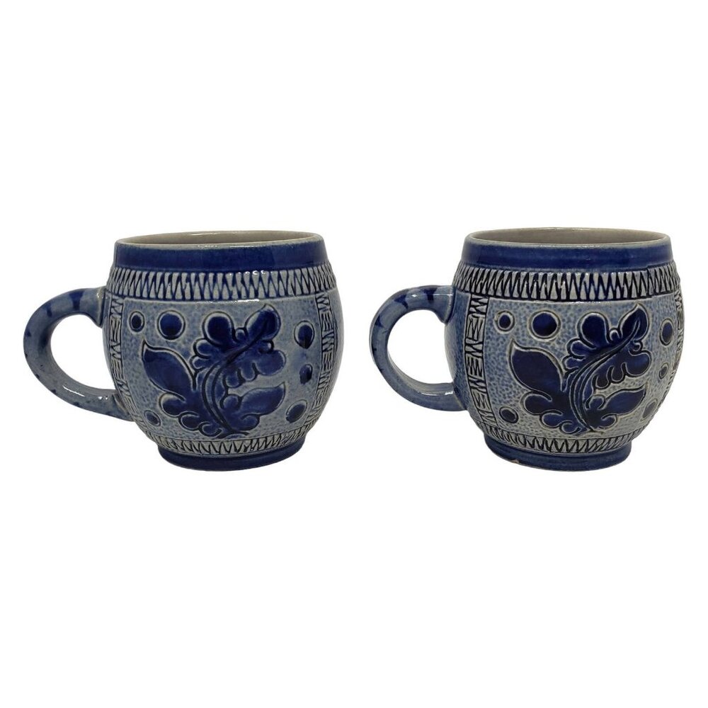 Marzi Remy 3141 Pottery Mugs Set 2 German Stein Blue Engraved Floral Cup Ceramic